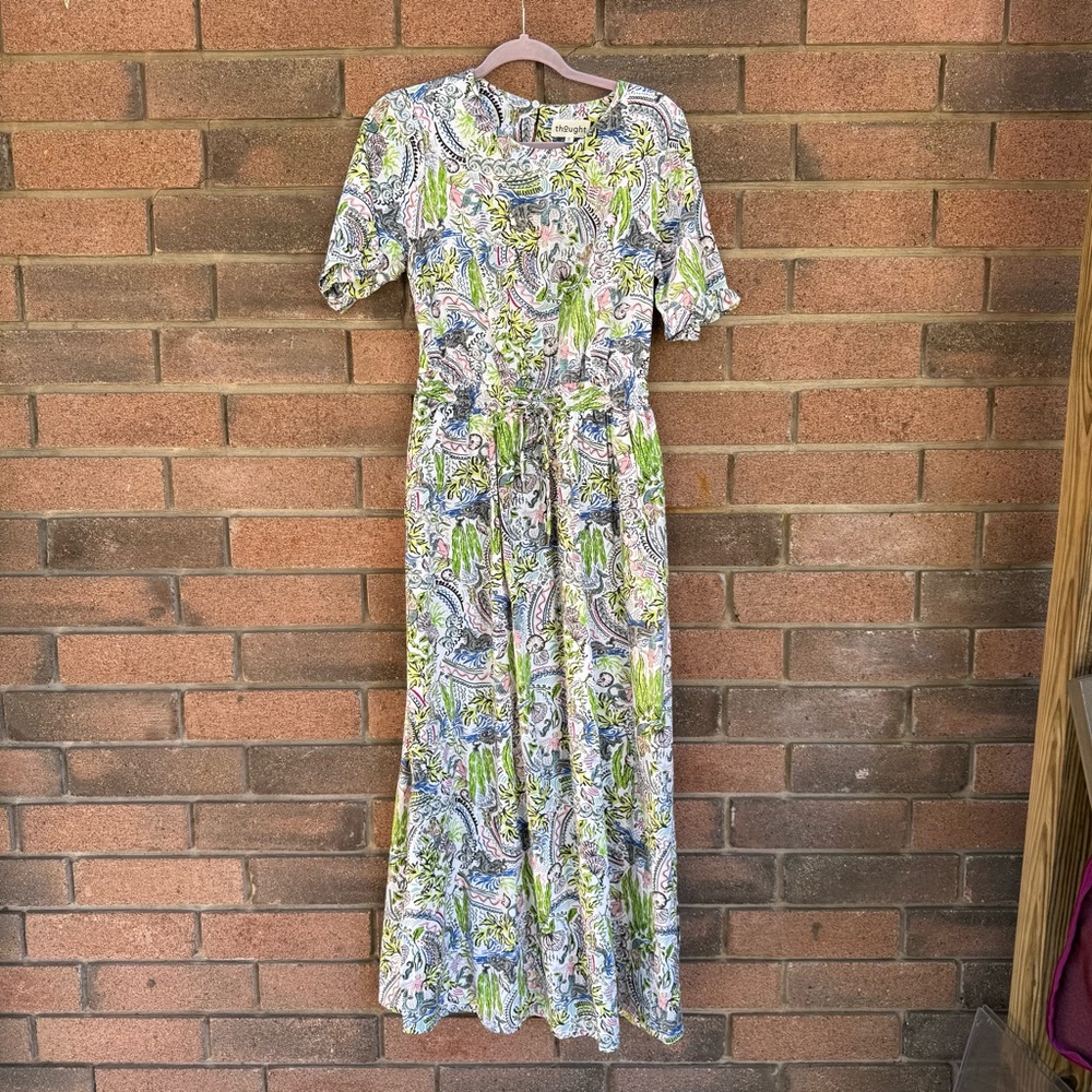 Thought Atlantis Side Sprilt Maxi Dress in Green and White Size 10 POCKETS
